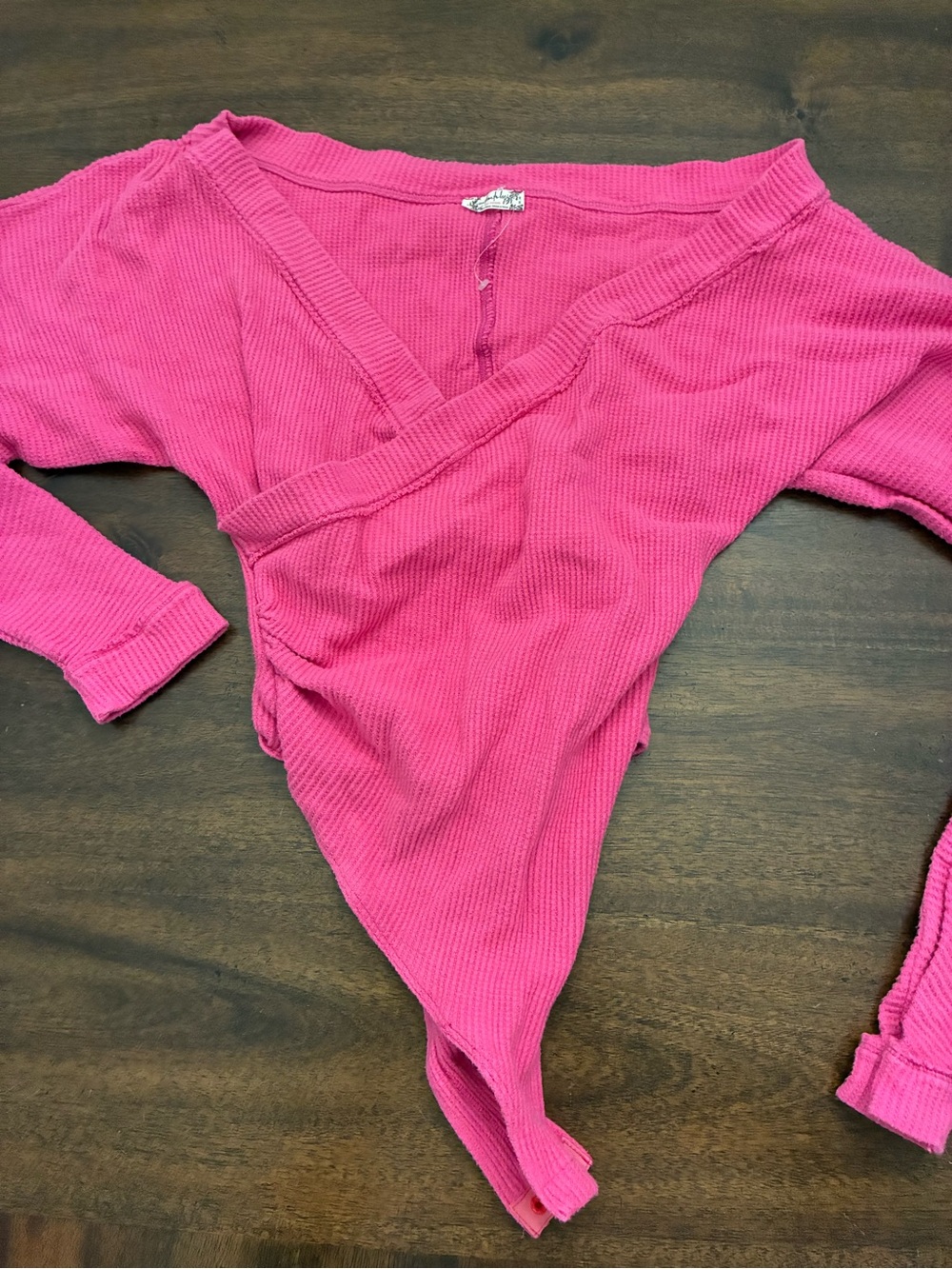 Intimately Free People Bodysuit Medium Hot Pink Long Sleeve Waffle Knit V-Neck